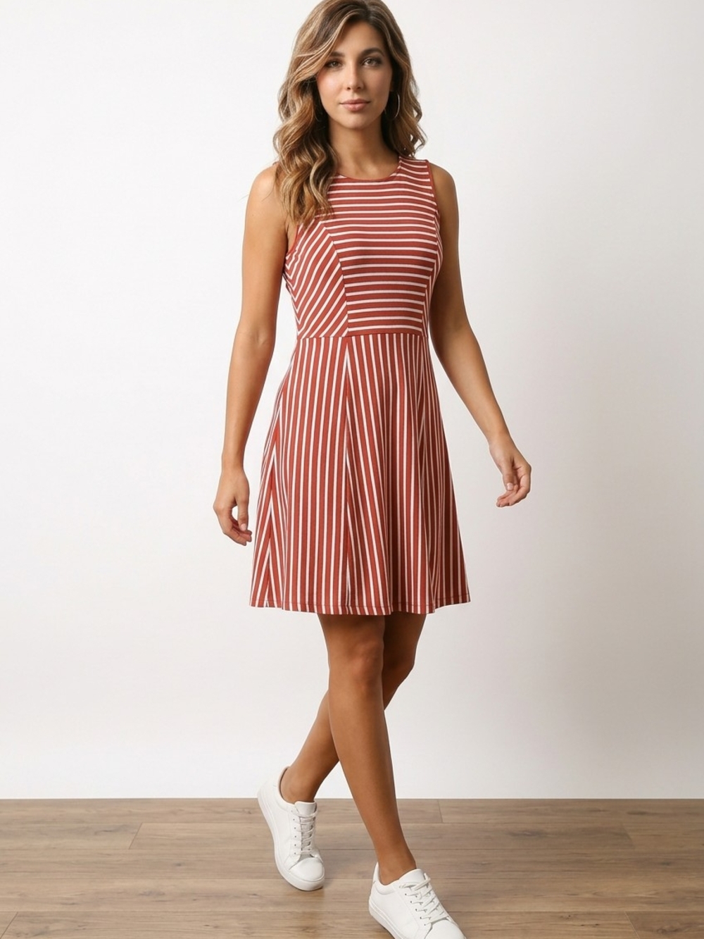 Banana Republic Rust and White Striped Sleeveless Fit-and-Flare Dress